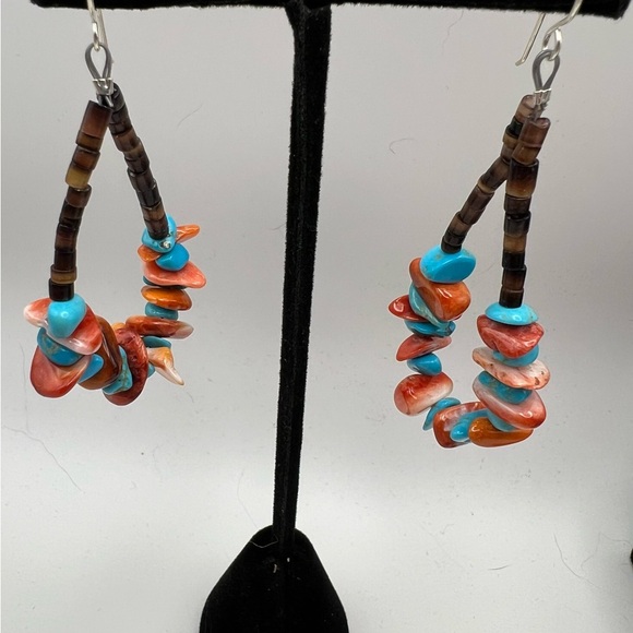Turquoise and Spiny Oyster Sterling Dangle Earrings - Picture 1 of 5